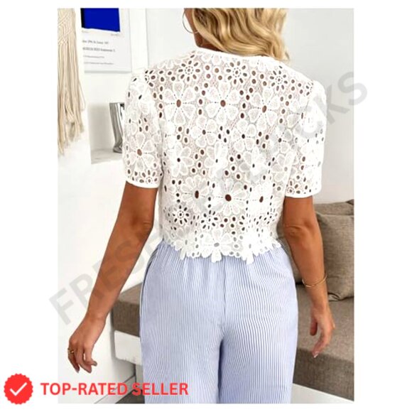 Boho Floral Lace V Neck Crop Top Tie Front Short Sleeve Blouse Chic - Picture 3 of 5